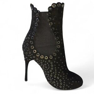 Alaia Women's Grommet Embellished Black Suede Mid Ankle Booties Size EU 37 NWOT
